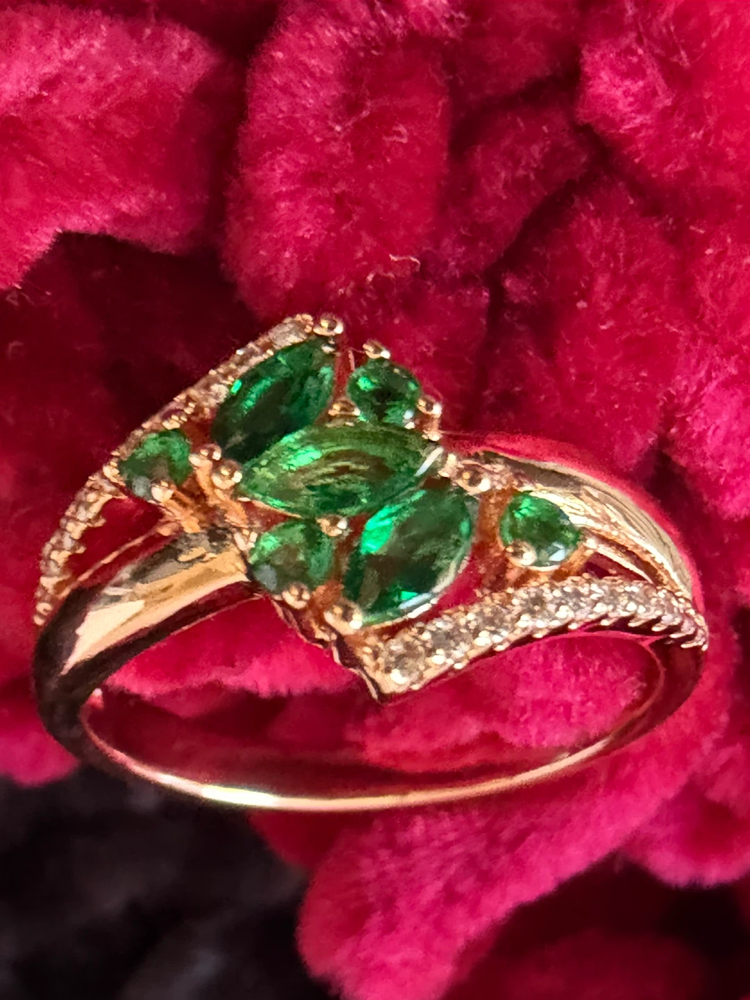 Rose Gold Tone Ring with Green Stones and Diamonds