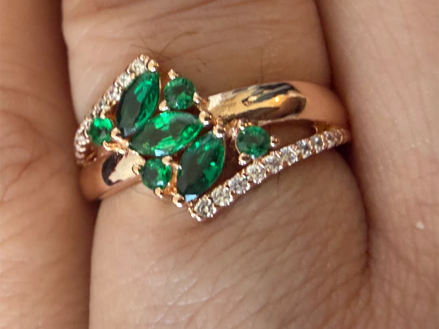 Rose Gold Tone Ring with Green Stones and Diamonds - photo 3