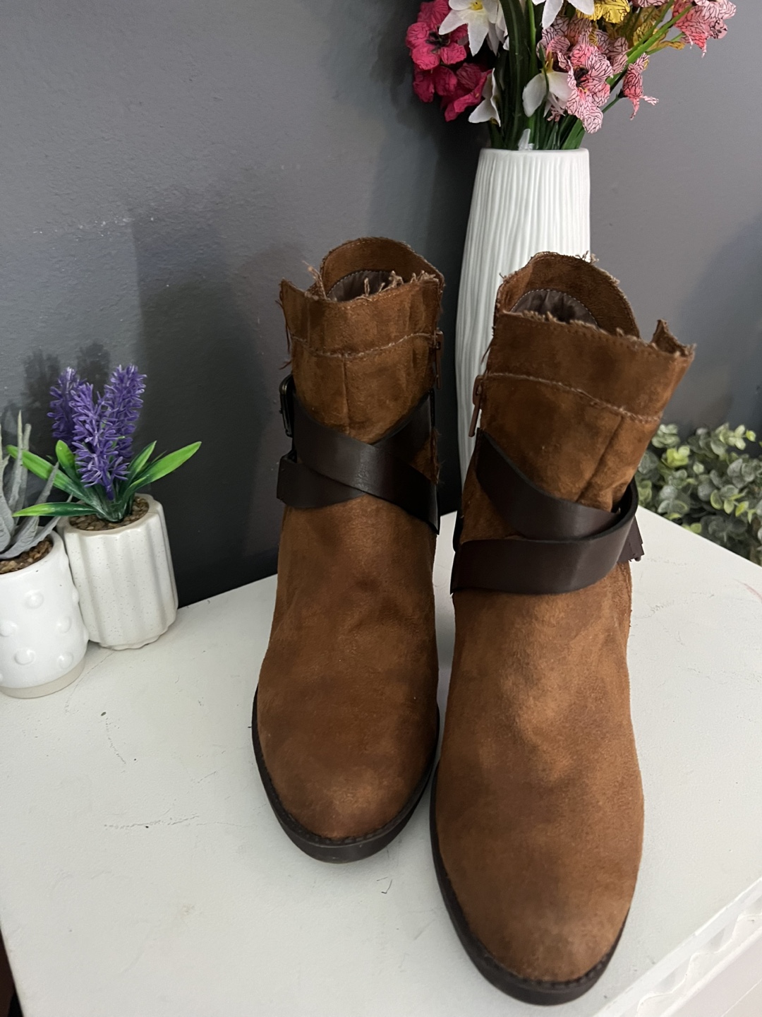 Brown Suede Ankle Boots with Buckle Straps - photo 3