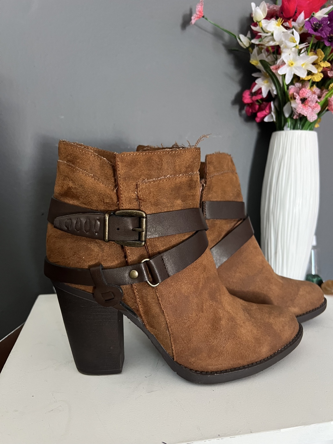 Brown Suede Ankle Boots with Buckle Straps