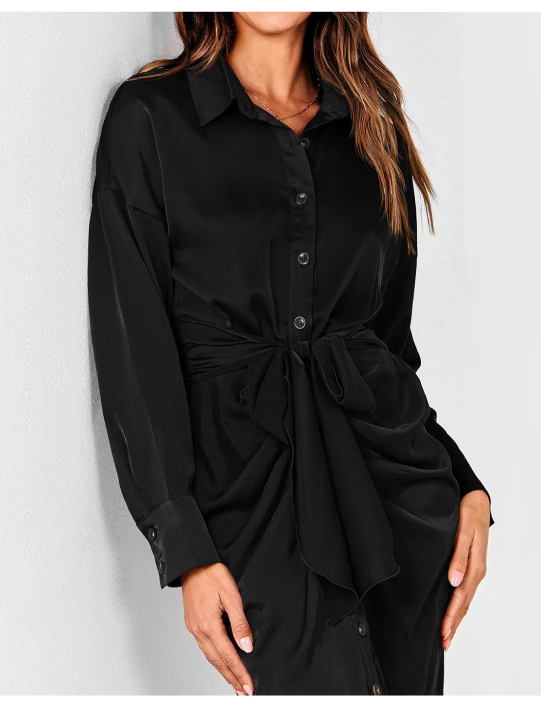 BTFBM Black Satin Shirt Dress with Tie Waist - Size S