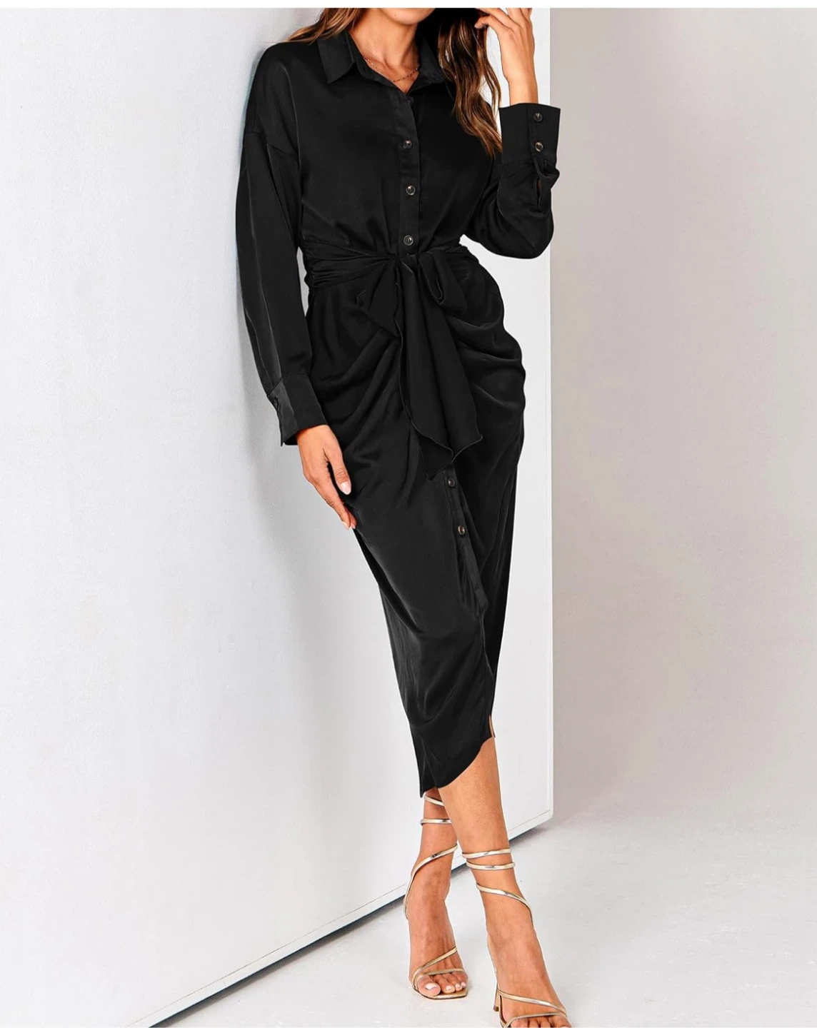 BTFBM Black Satin Shirt Dress with Tie Waist - Size S - photo 3