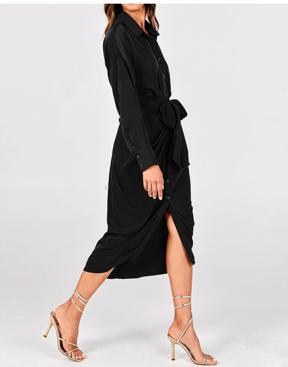 BTFBM Black Satin Shirt Dress with Tie Waist - Size S - photo 4