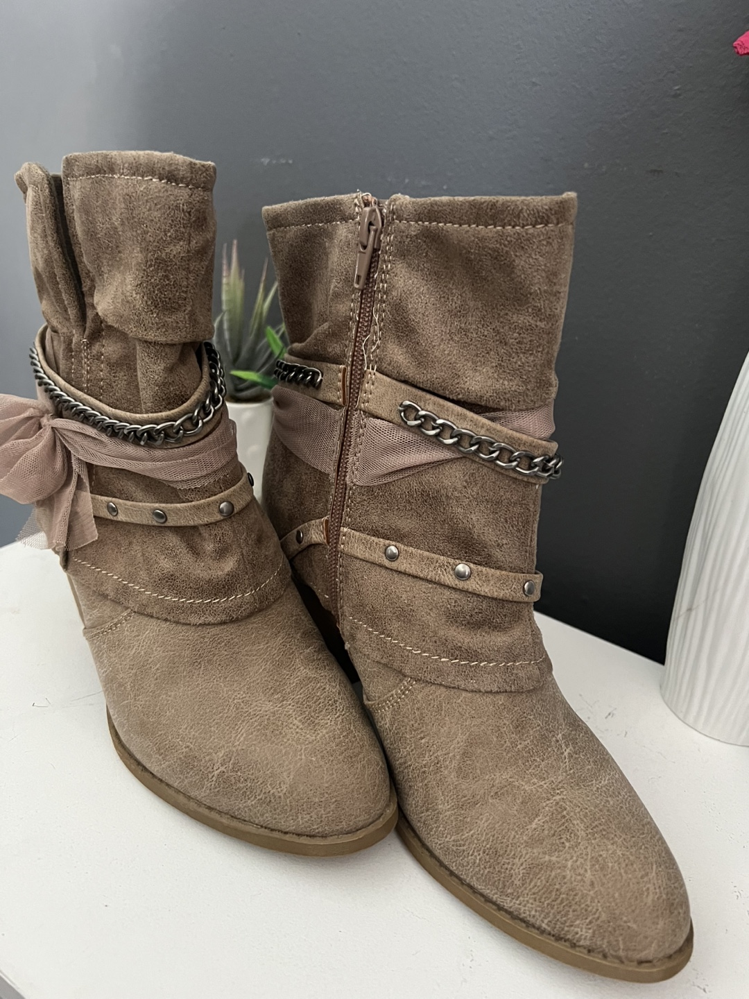 Brown Suede Ankle Boots with Chain Detail Size 7 - photo 2
