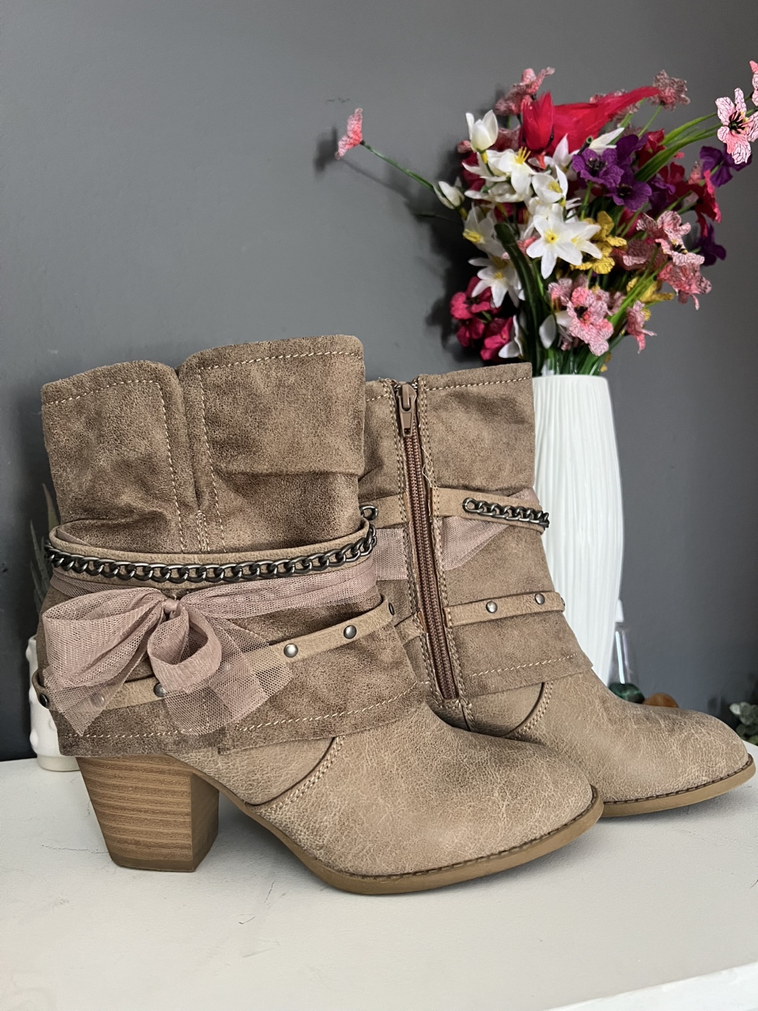 Brown Suede Ankle Boots with Chain Detail Size 7