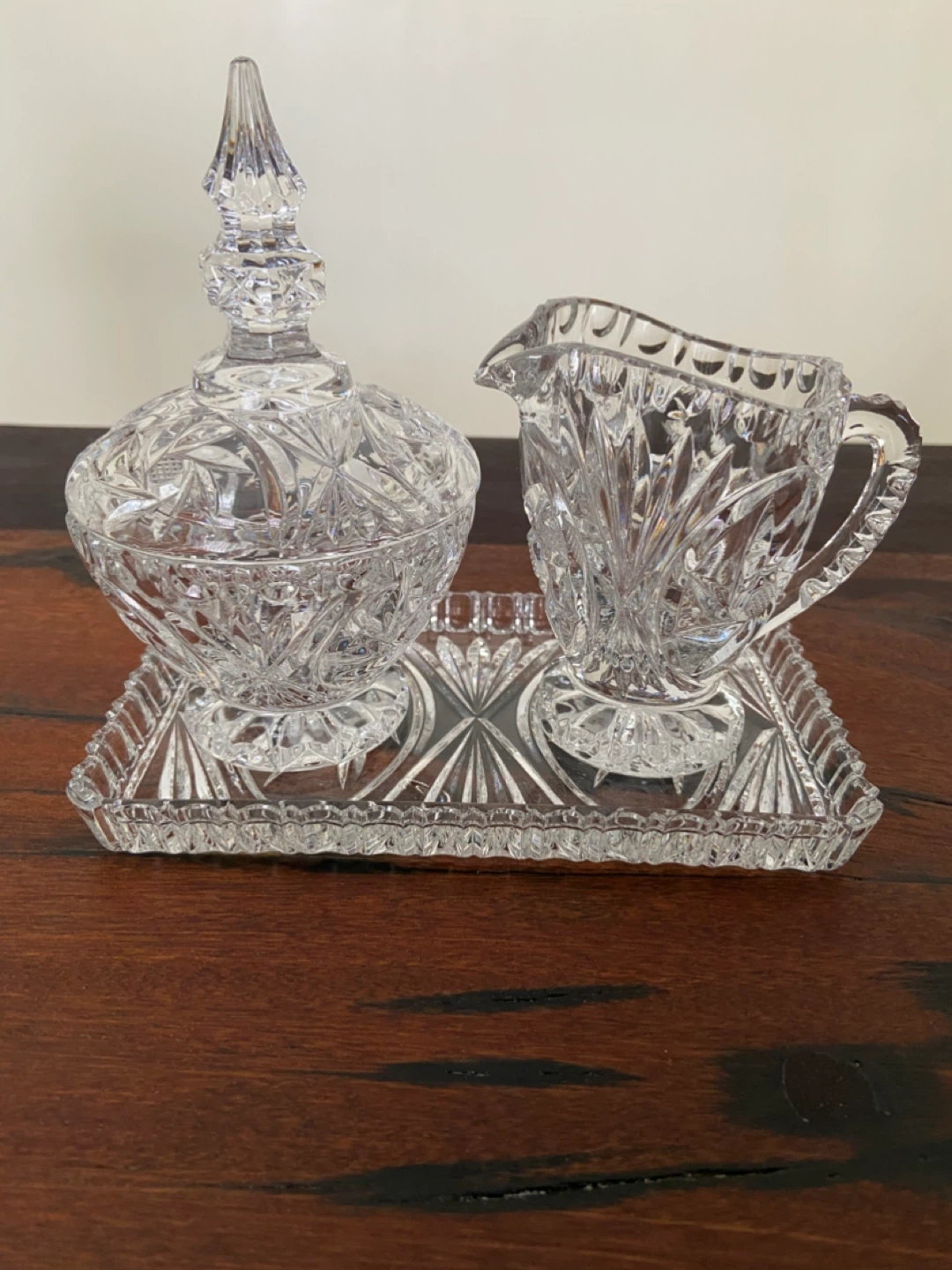 Vintage Crystal Sugar Bowl and Creamer Set with Tray