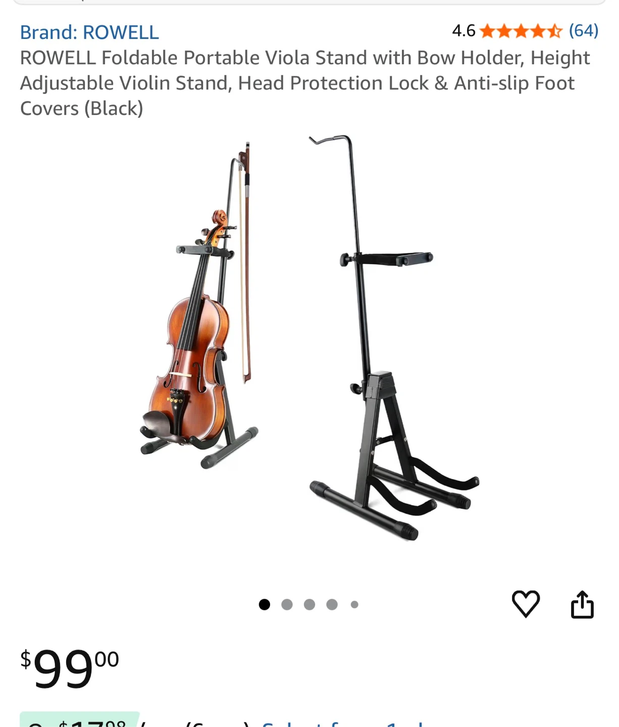 ROWEL Foldable  Viola/Violin Stand with Bow Holder - Black