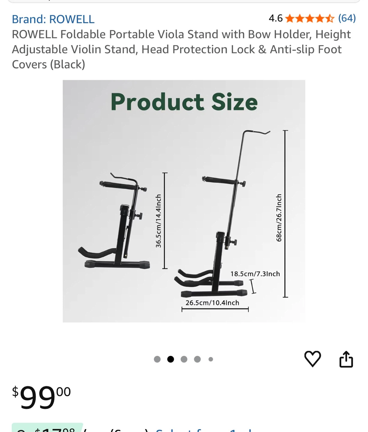 ROWEL Foldable  Viola/Violin Stand with Bow Holder - Black - photo 2