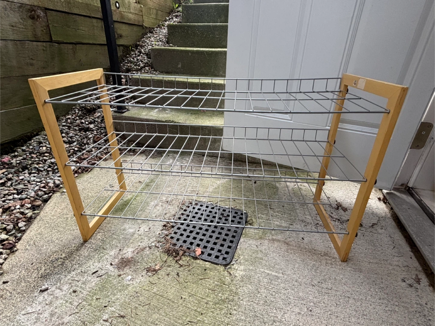 3-Tier Metal Wire Shoe Rack with Wooden Frame