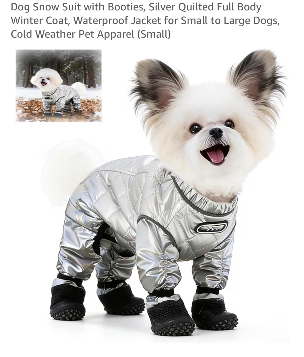 Size small Silver Quilted Dog Snow Suit with Booties - Small