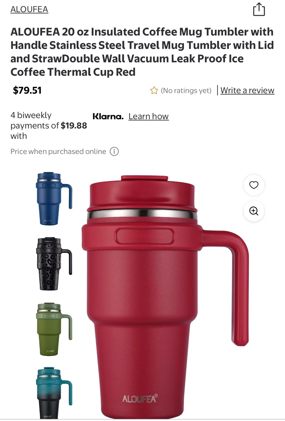 ALOUFEA 20oz Vacuum Insulated Tumbler with Handle - Red