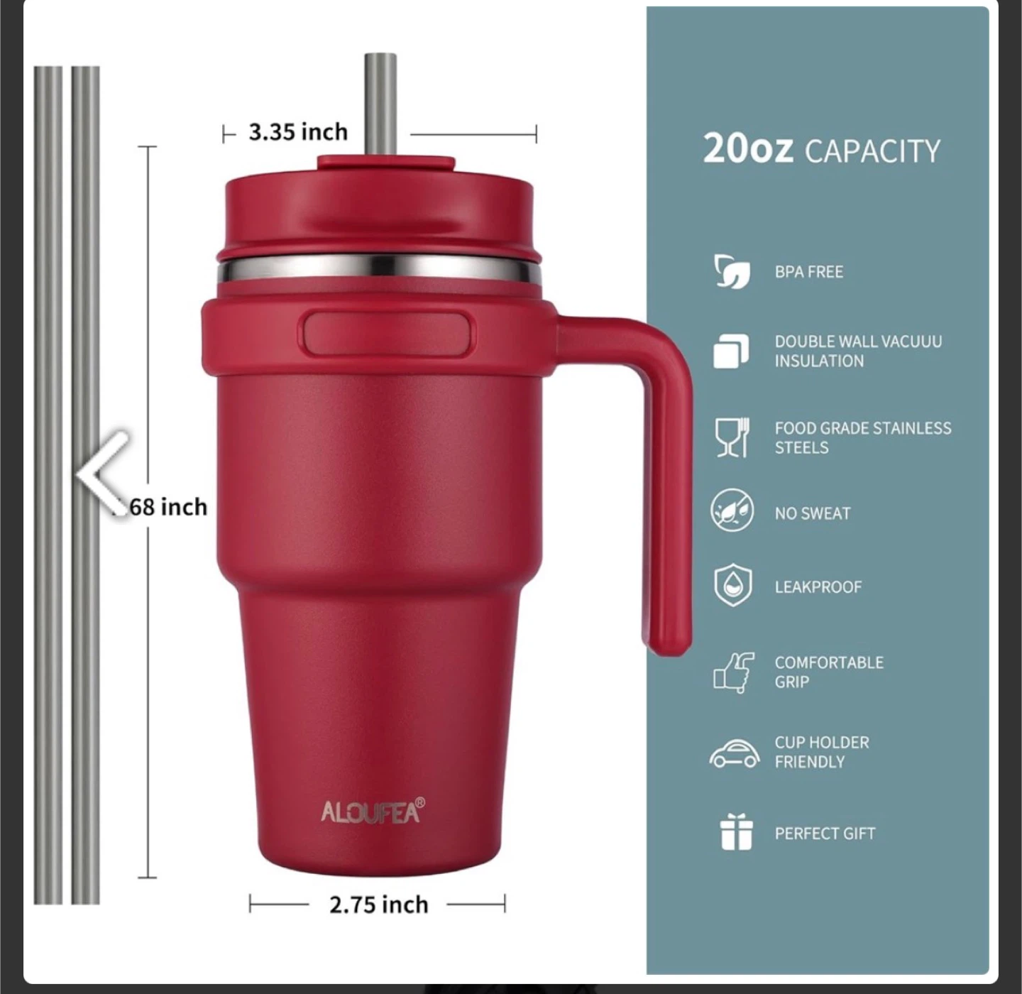 ALOUFEA 20oz Vacuum Insulated Tumbler with Handle - Red - photo 2