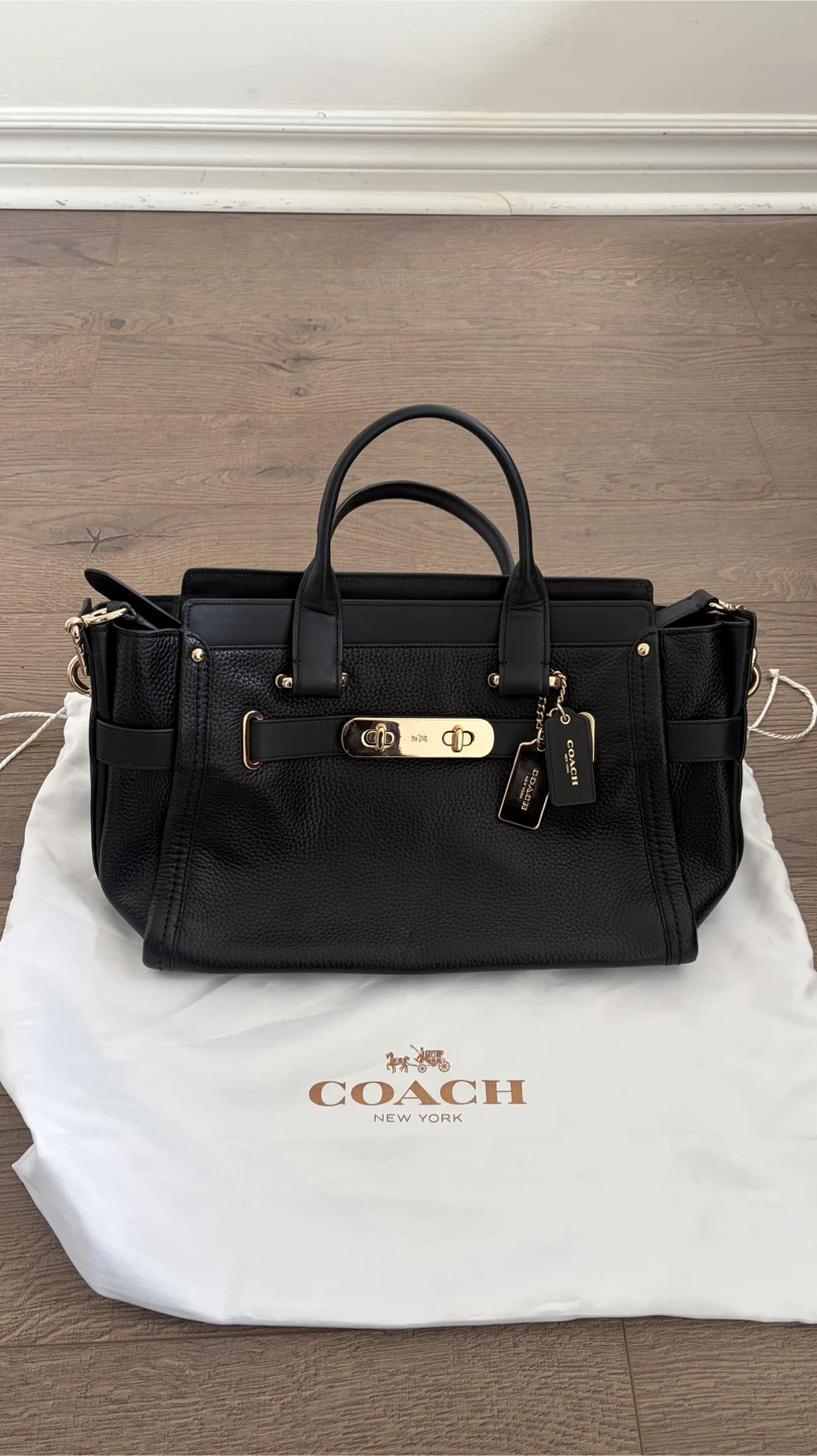 Coach Black Leather Tote Bag with Shoulder Strap