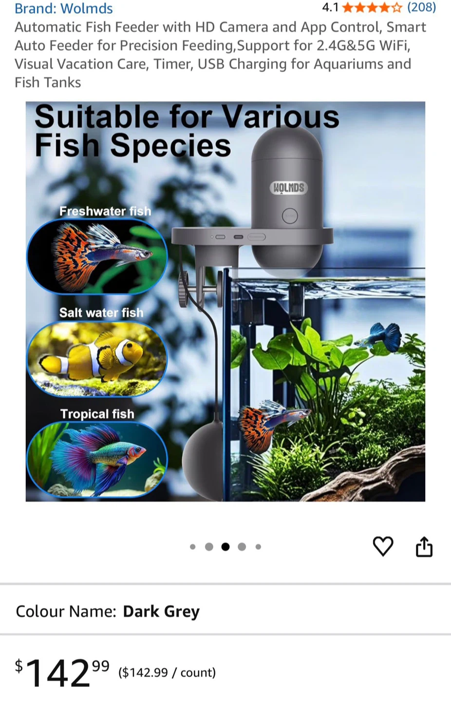 Wolmds Automatic Fish Feeder with HD Camera - Dark Grey