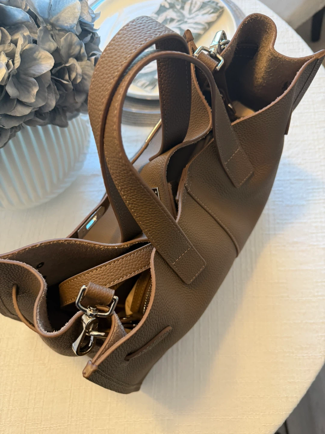 Brown Pebble Leather Tote Bag with Shoulder Strap - photo 4
