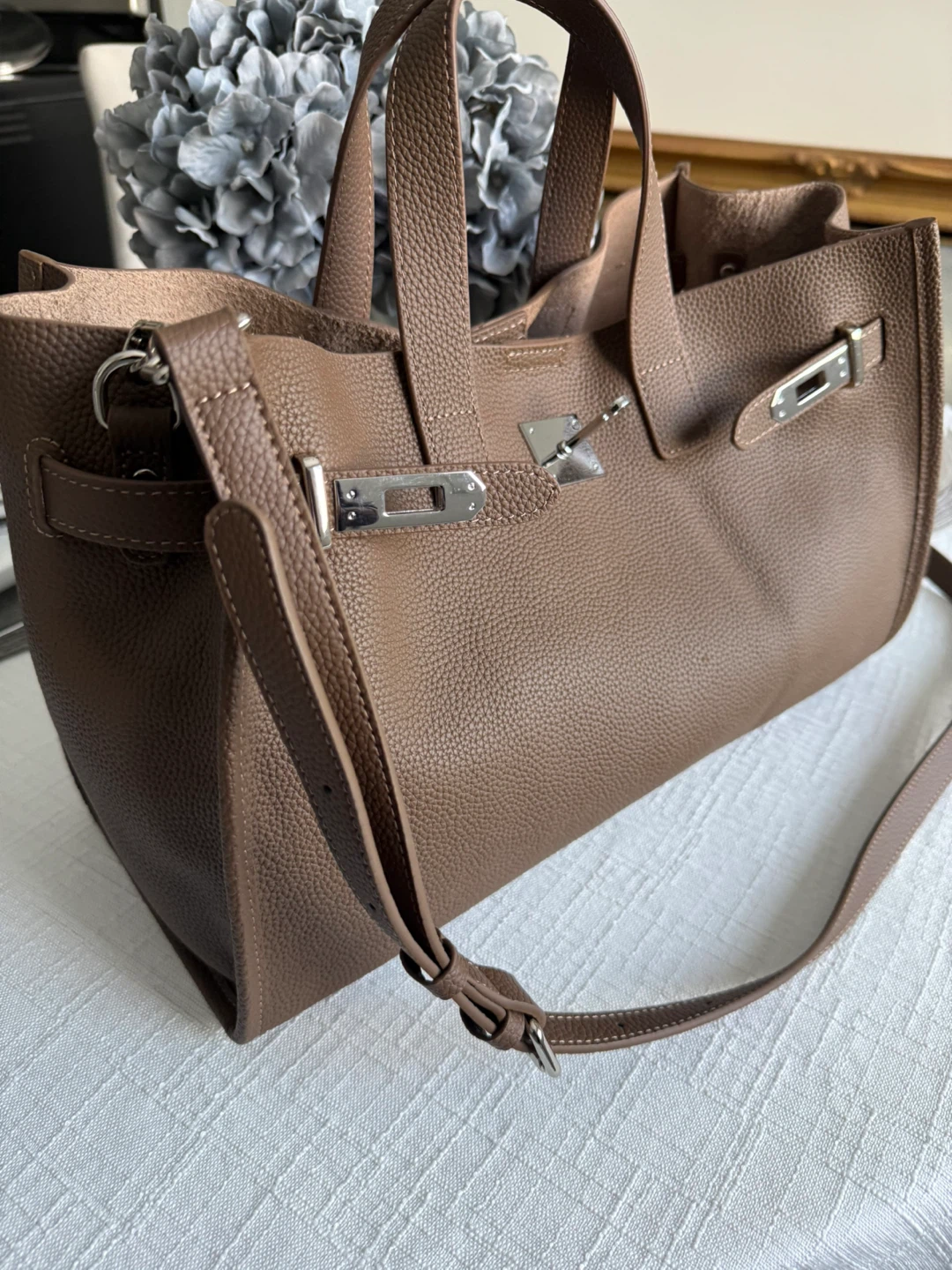 Brown Pebble Leather Tote Bag with Shoulder Strap - photo 2