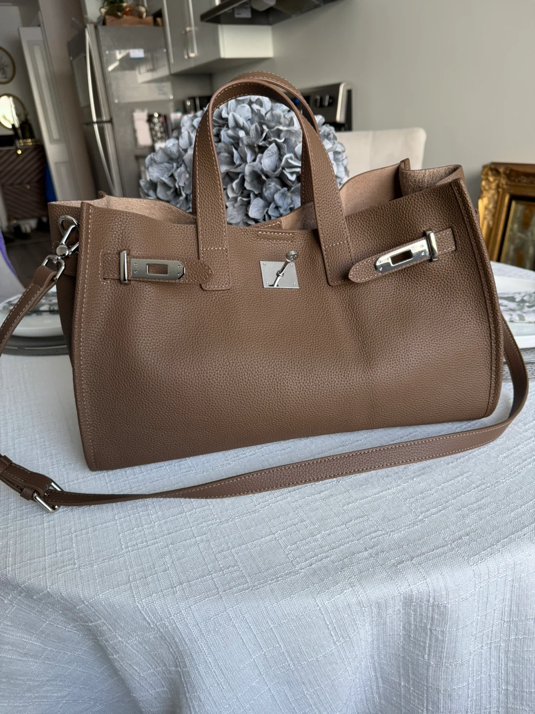 Brown Pebble Leather Tote Bag with Shoulder Strap