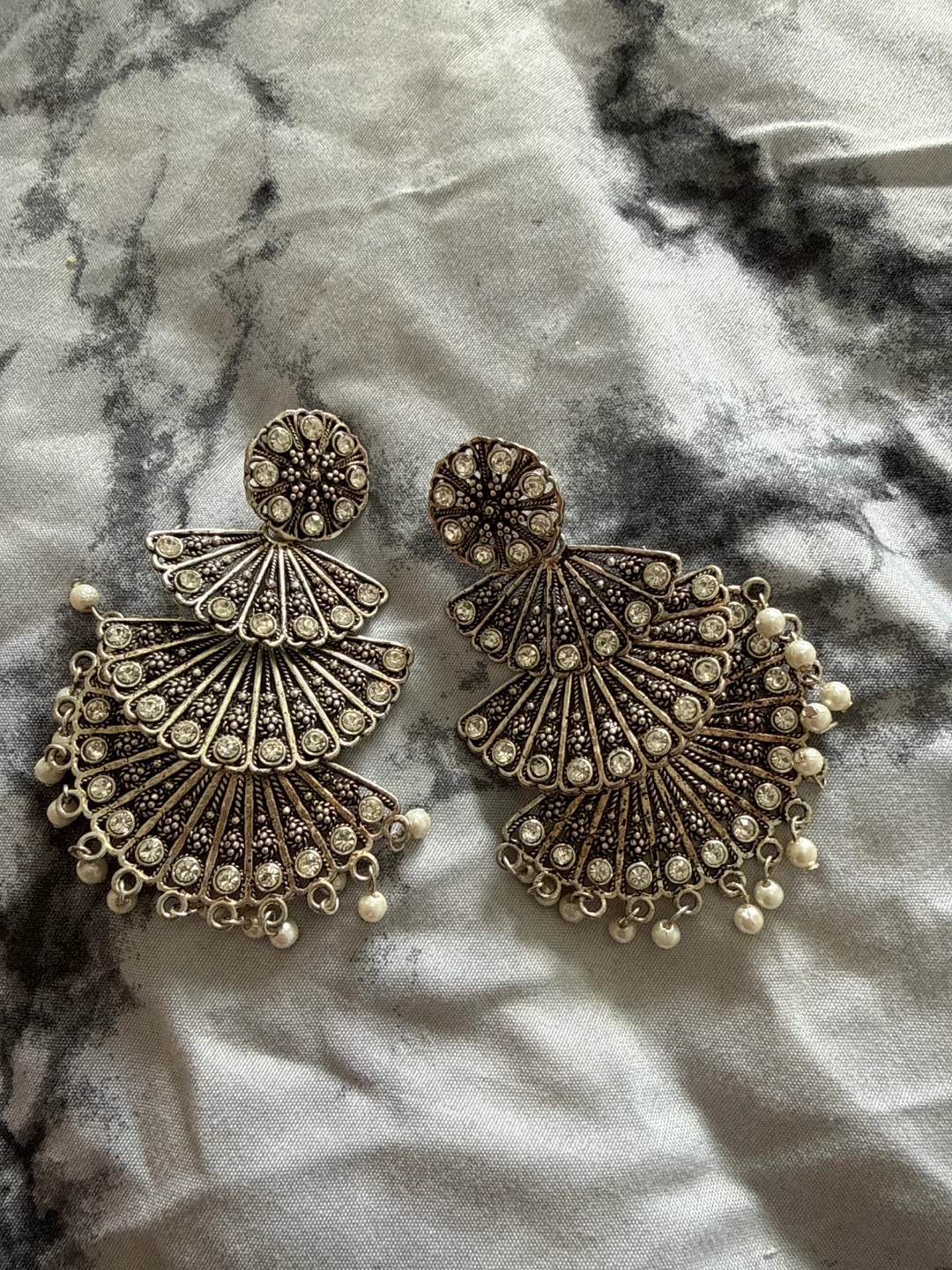 Ornate Fan-Shaped Earrings with Faux Pearls