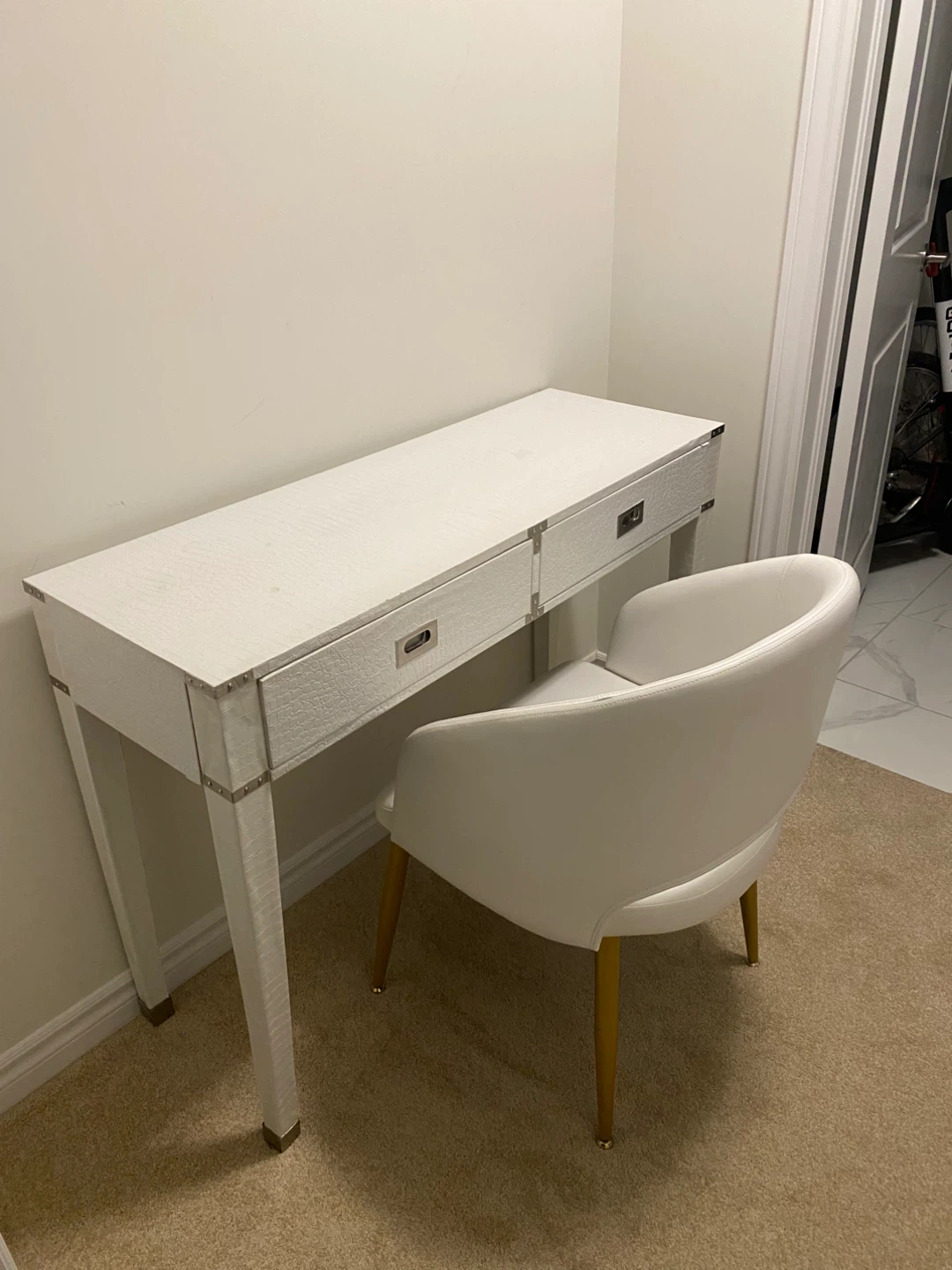 White Faux Crocodile Texture Desk with Drawer
