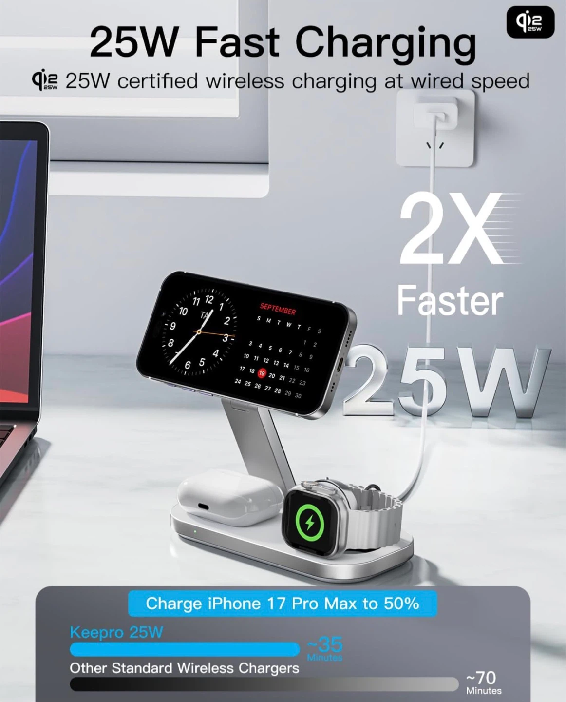 Keepro 3-in-1 Wireless Charging Station for Apple Devices - photo 2