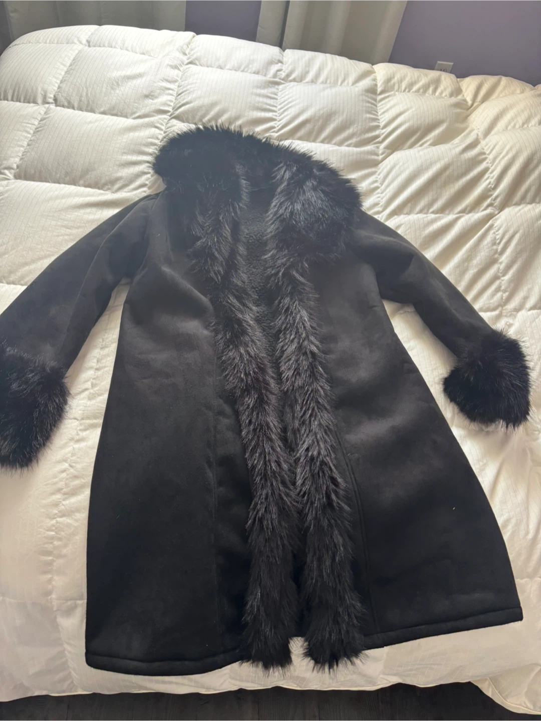 SHEIN CURVE Black Faux Fur Trim Coat