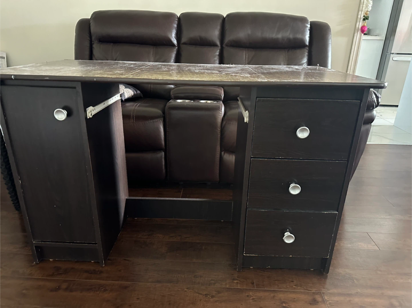 Dark Brown Desk with Drawers and Cabinet