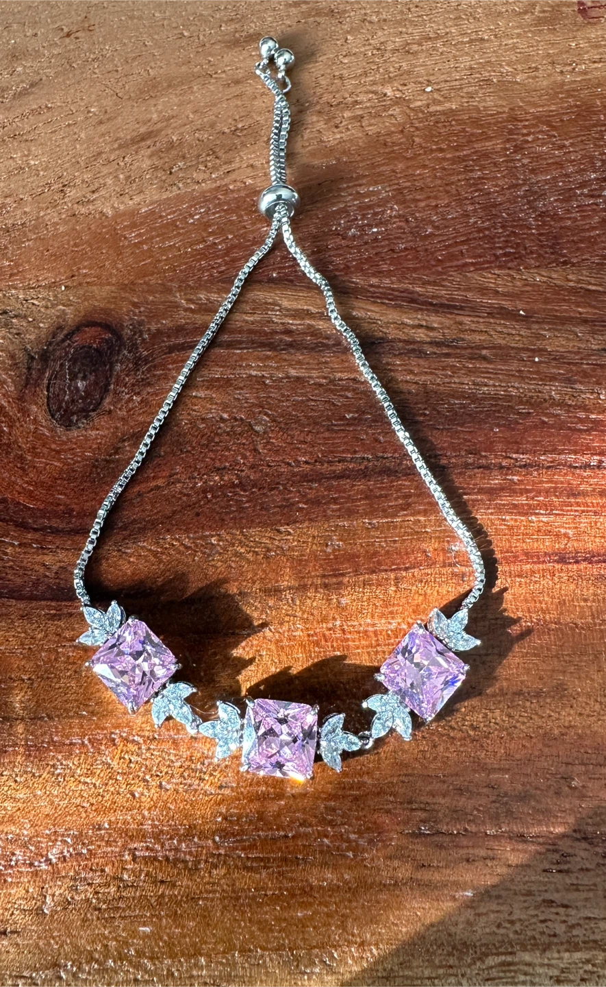 Silver Adjustable Bracelet with Pink Square Gems