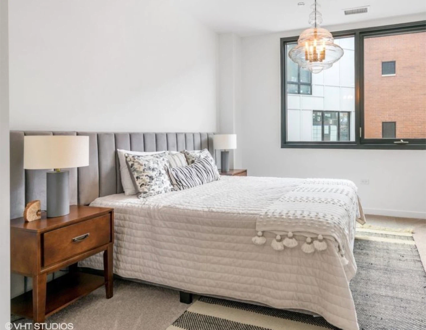 Queen upholstered headboard, frame and bed (lamps included)