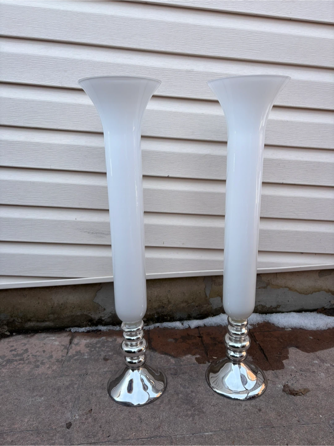 2 White Trumpet Vases with Silver Base