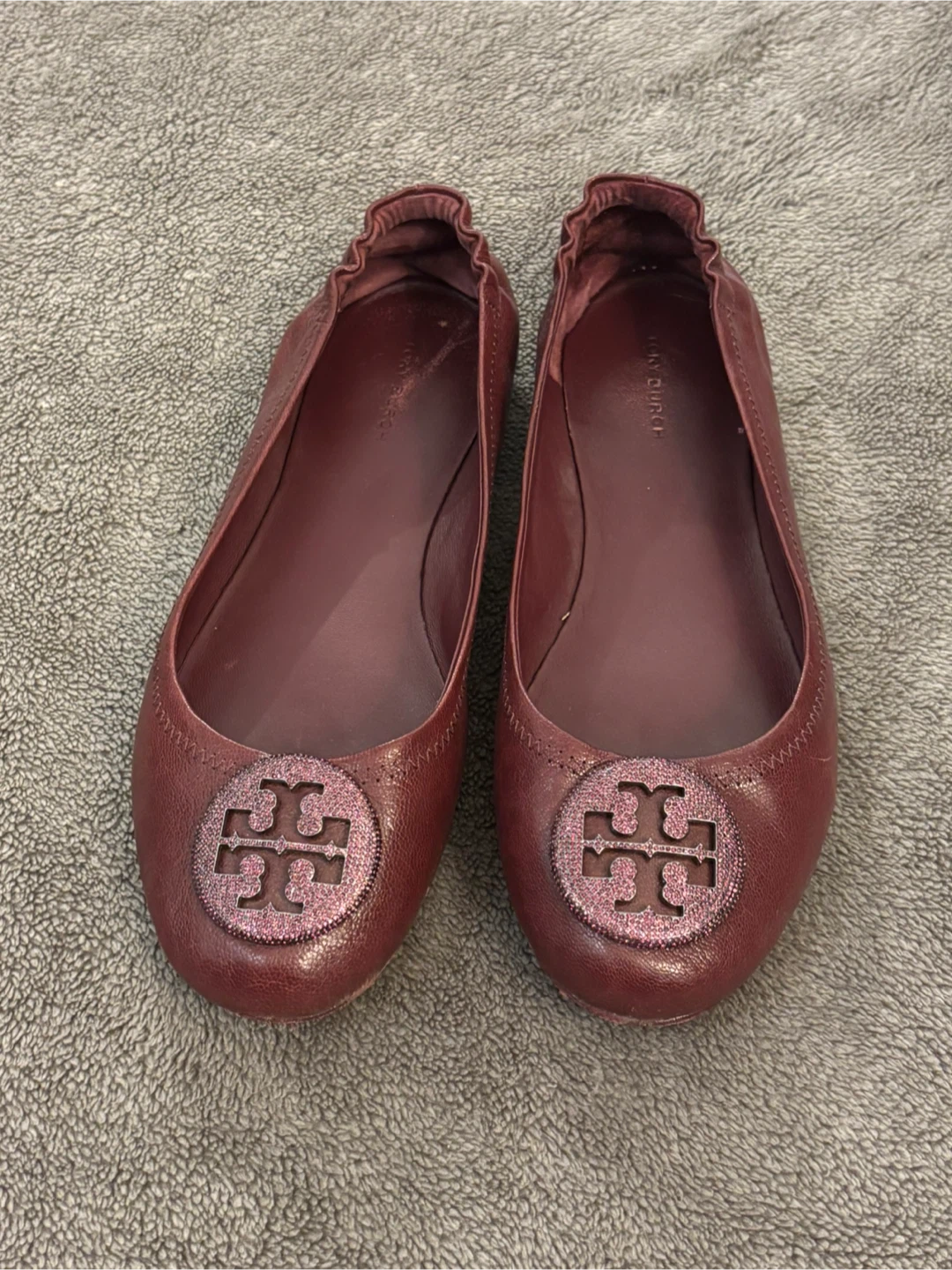 Tory Burch Claret Minnie Pavé Leather Ballet Flats