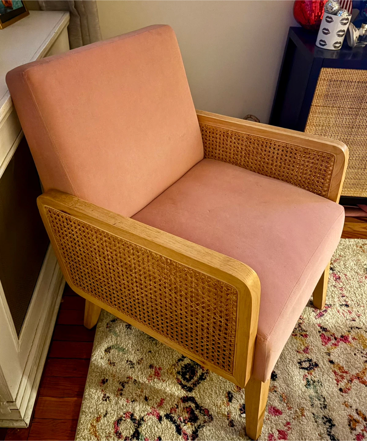 Pink Accent Chair with Rattan Arms