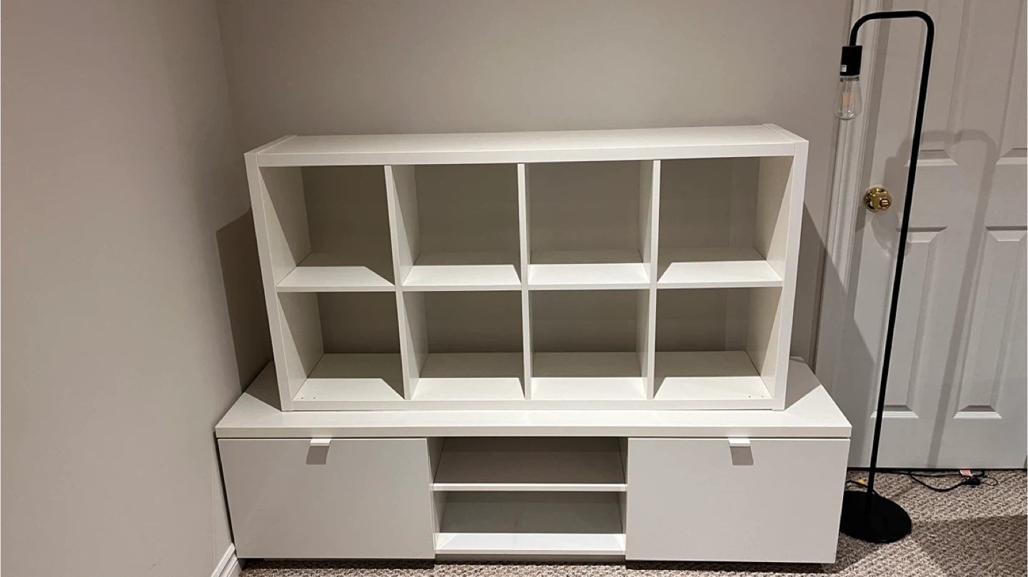 Ikea tv bench, book shelve, floor lamp