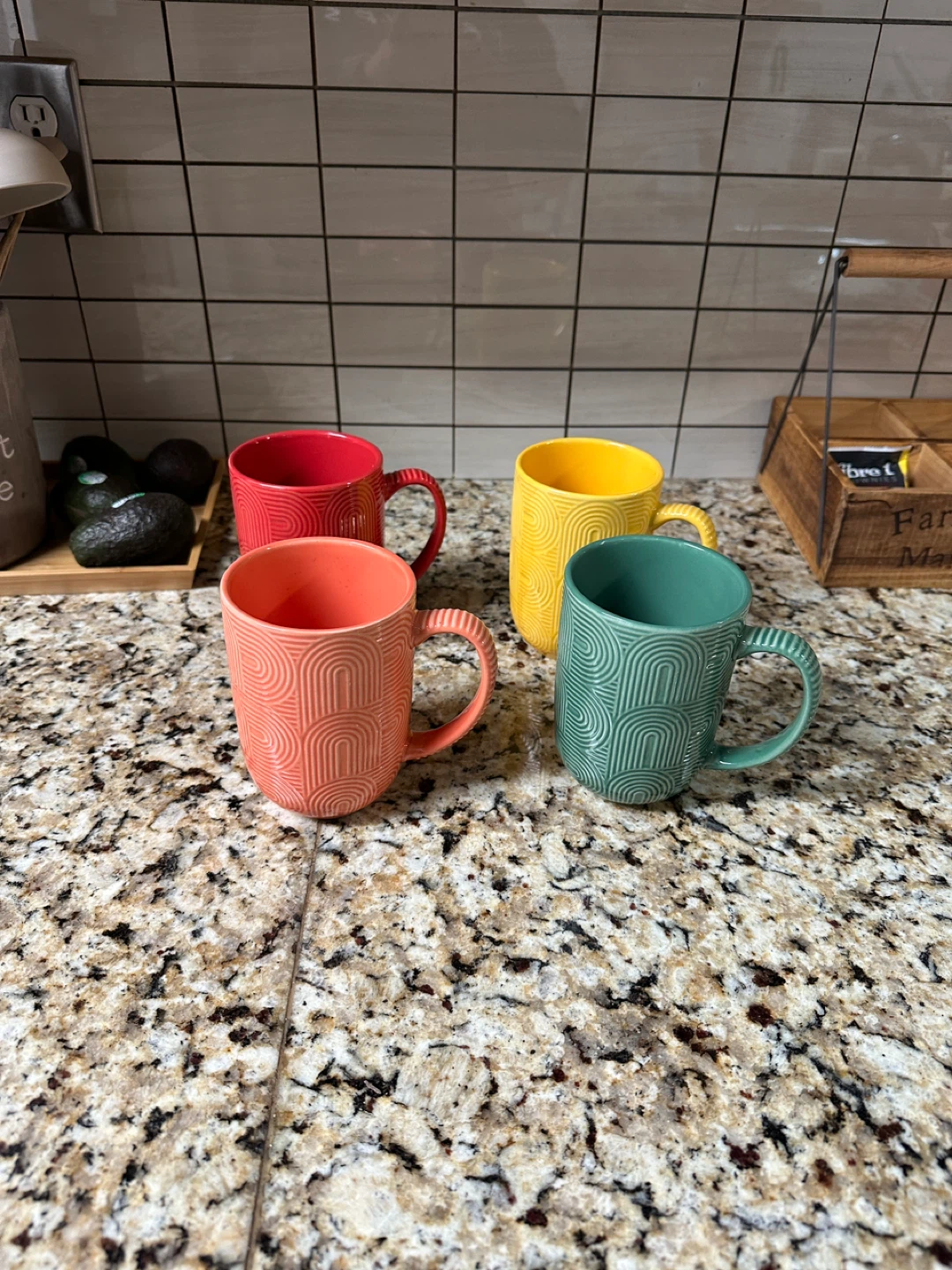 Set of 4 Textured Mugs - Yellow, Coral, Teal, Red