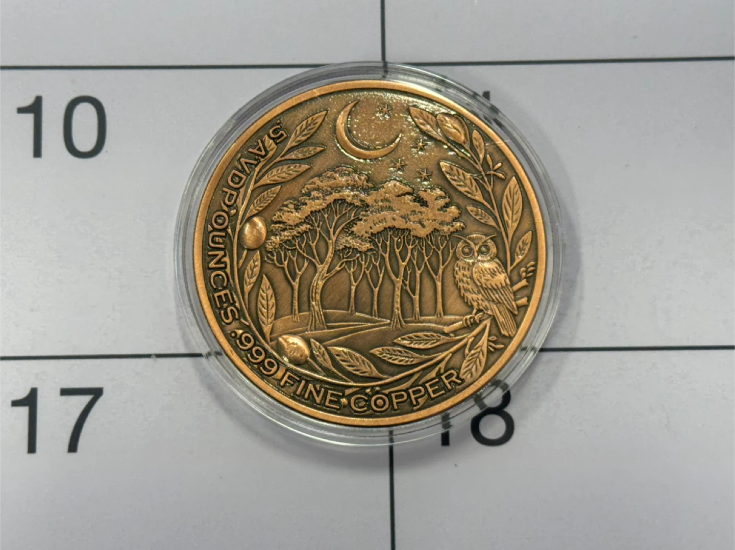 5 oz .999 Fine Copper Coin - Owl Design - photo 2