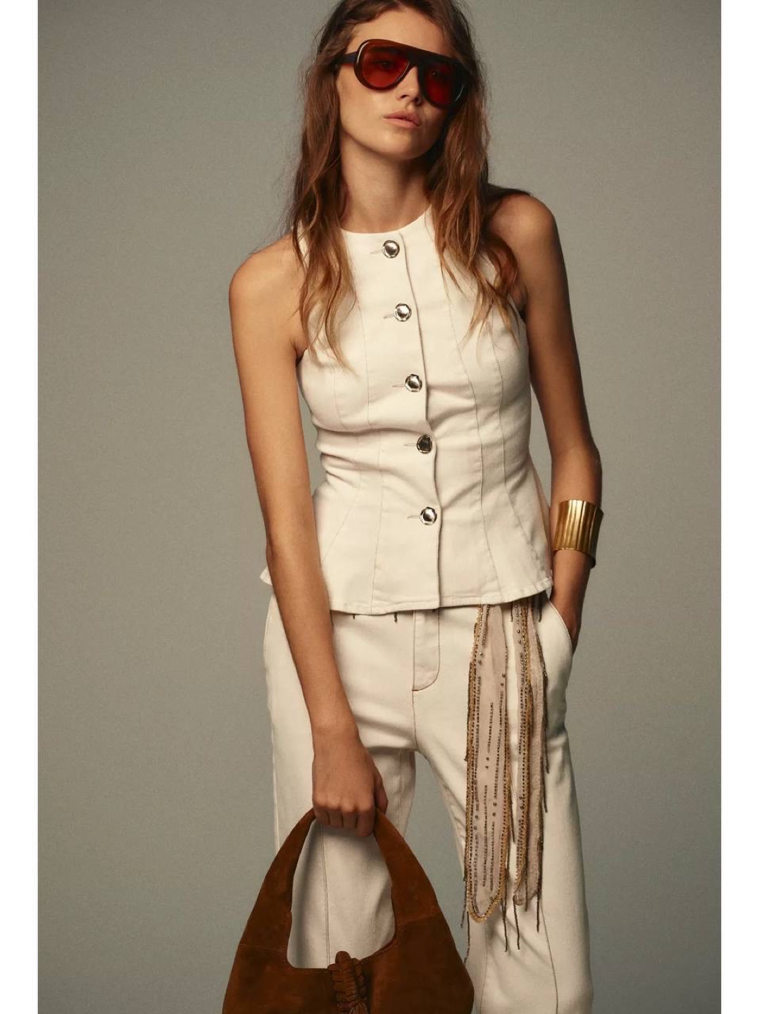 White Sleeveless Button-Up Vest S, Zara