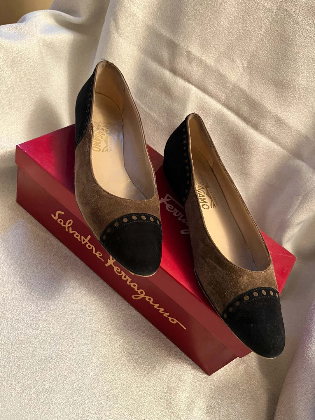 Salvatore Ferragamo Suede Flats - Brown/Black - Size 9 AAA