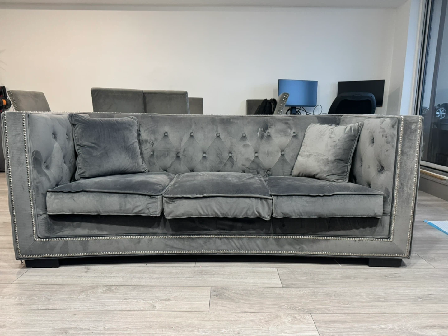 Grey Velvet Tufted Sofa