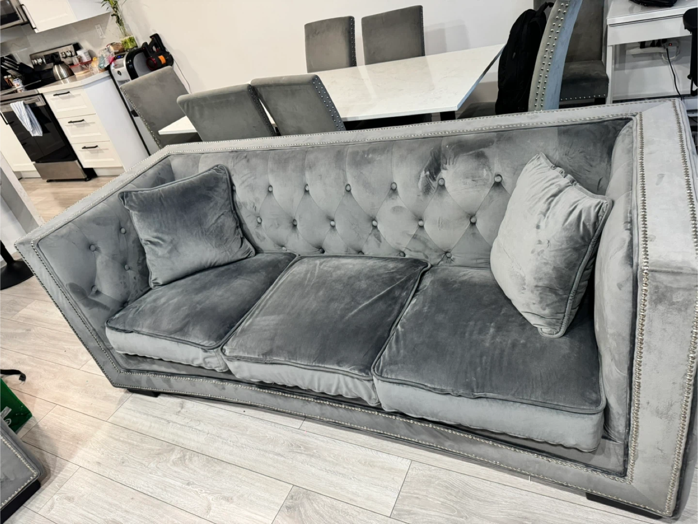 Grey Velvet Tufted Sofa - photo 2
