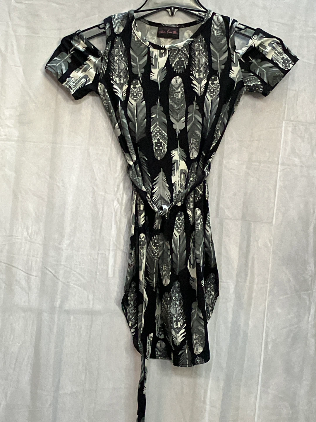 Black Feather Print Tunic Dress with Tie Belt