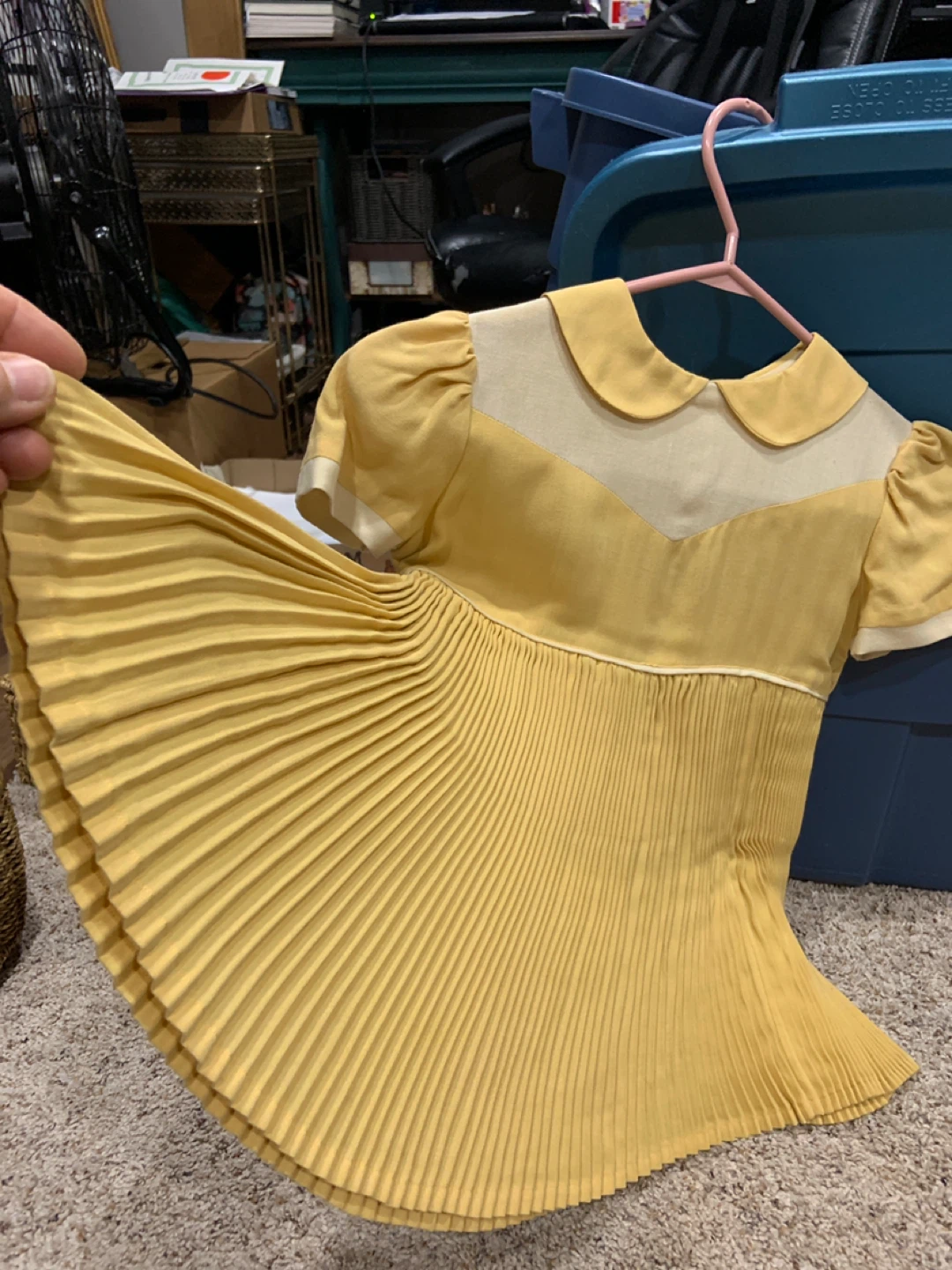 Vintage Yellow Pleated Dress with Peter Pan Collar