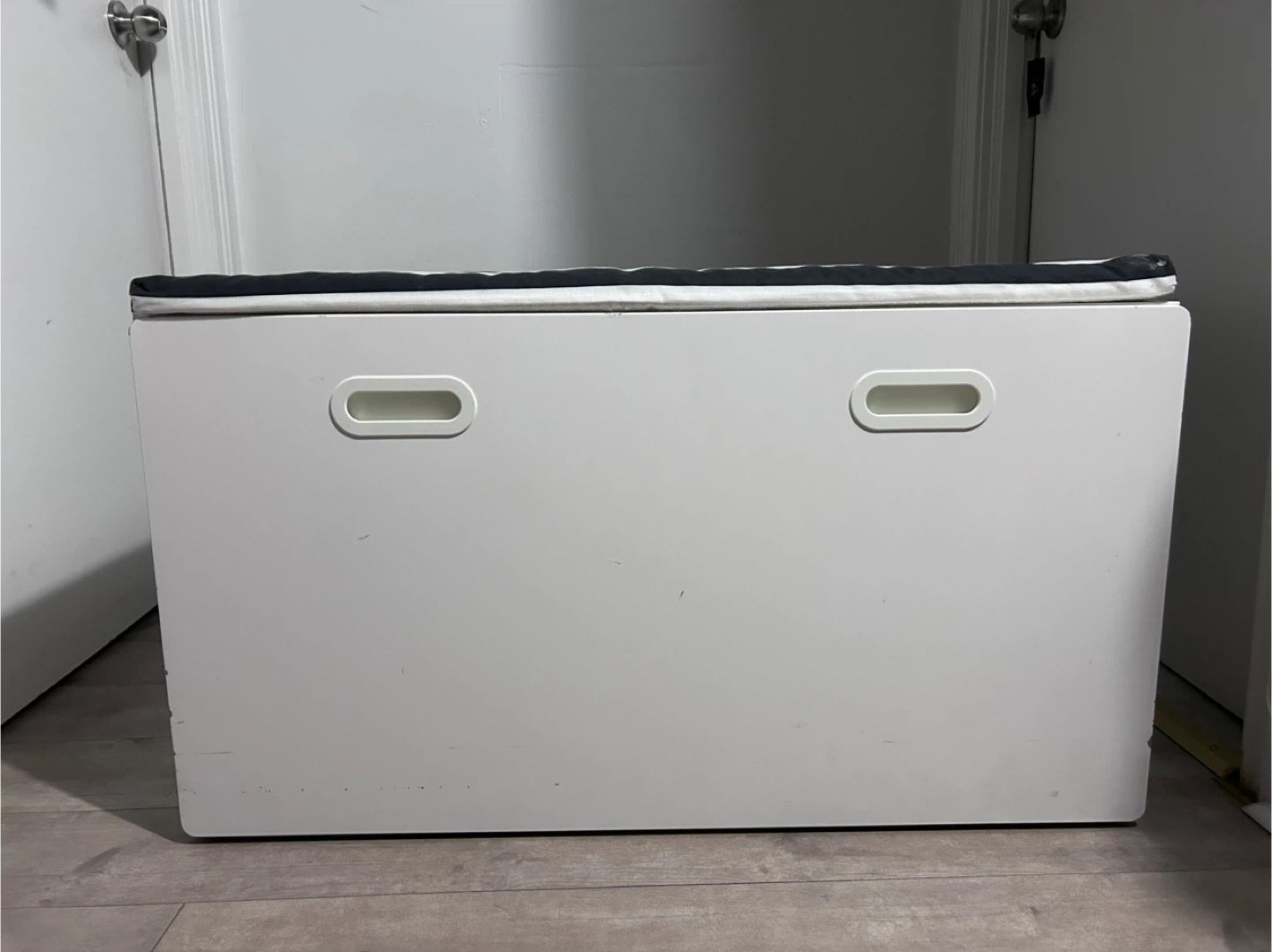 White Storage Bench with Black and White Striped Cushion - photo 2