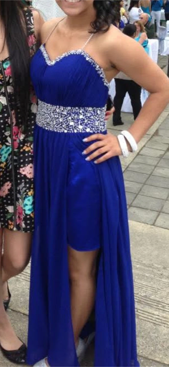 Royal Blue Beaded Waist Prom Dress with slit - photo 4