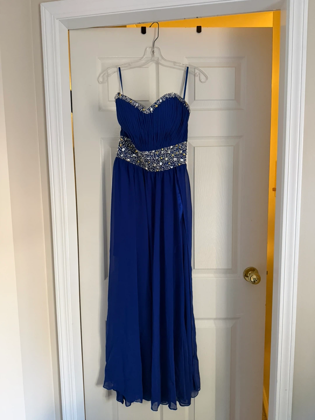 Royal Blue Beaded Waist Prom Dress with slit - photo 3