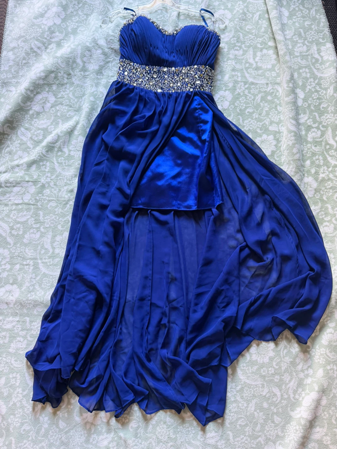 Royal Blue Beaded Waist Prom Dress with slit
