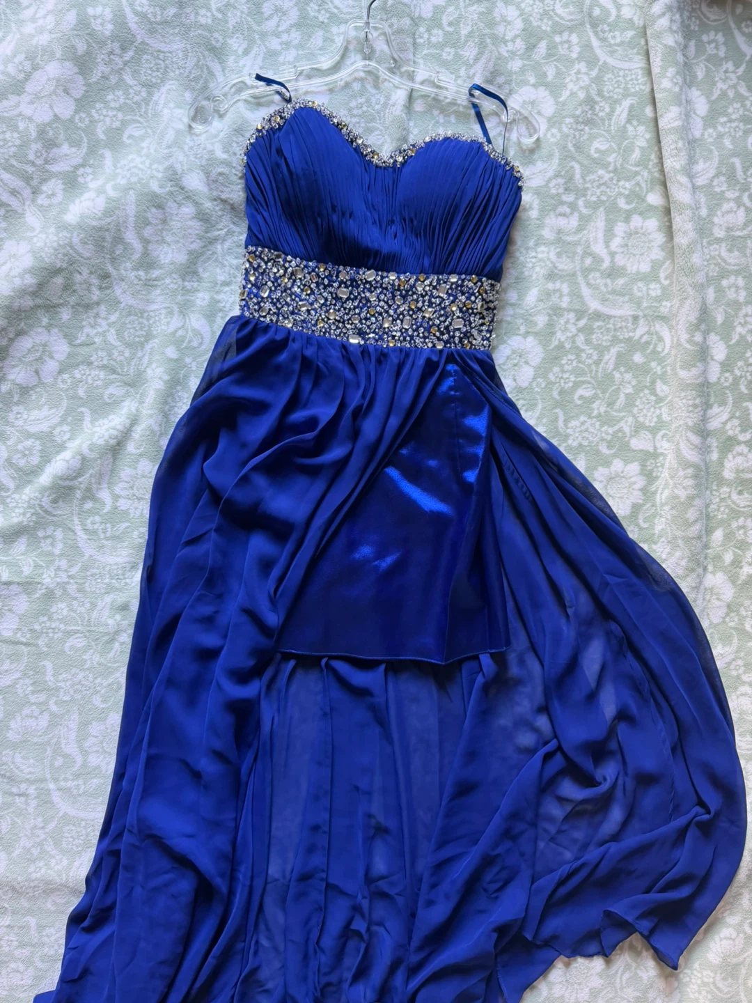 Royal Blue Beaded Waist Prom Dress with slit - photo 2