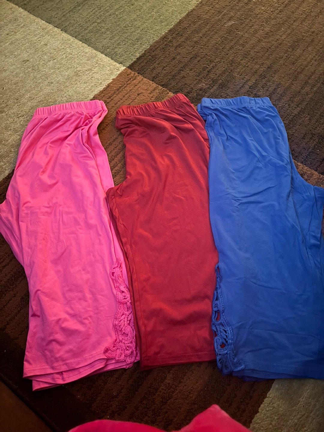 Lot of 3 Women's Leggings Pink Red Blue Lace Trim