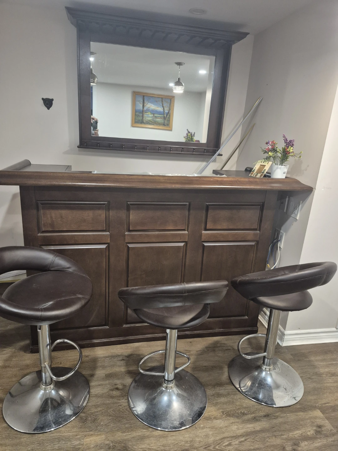 Dark Wood Bar with Danby Mini Fridge and 3 Stools