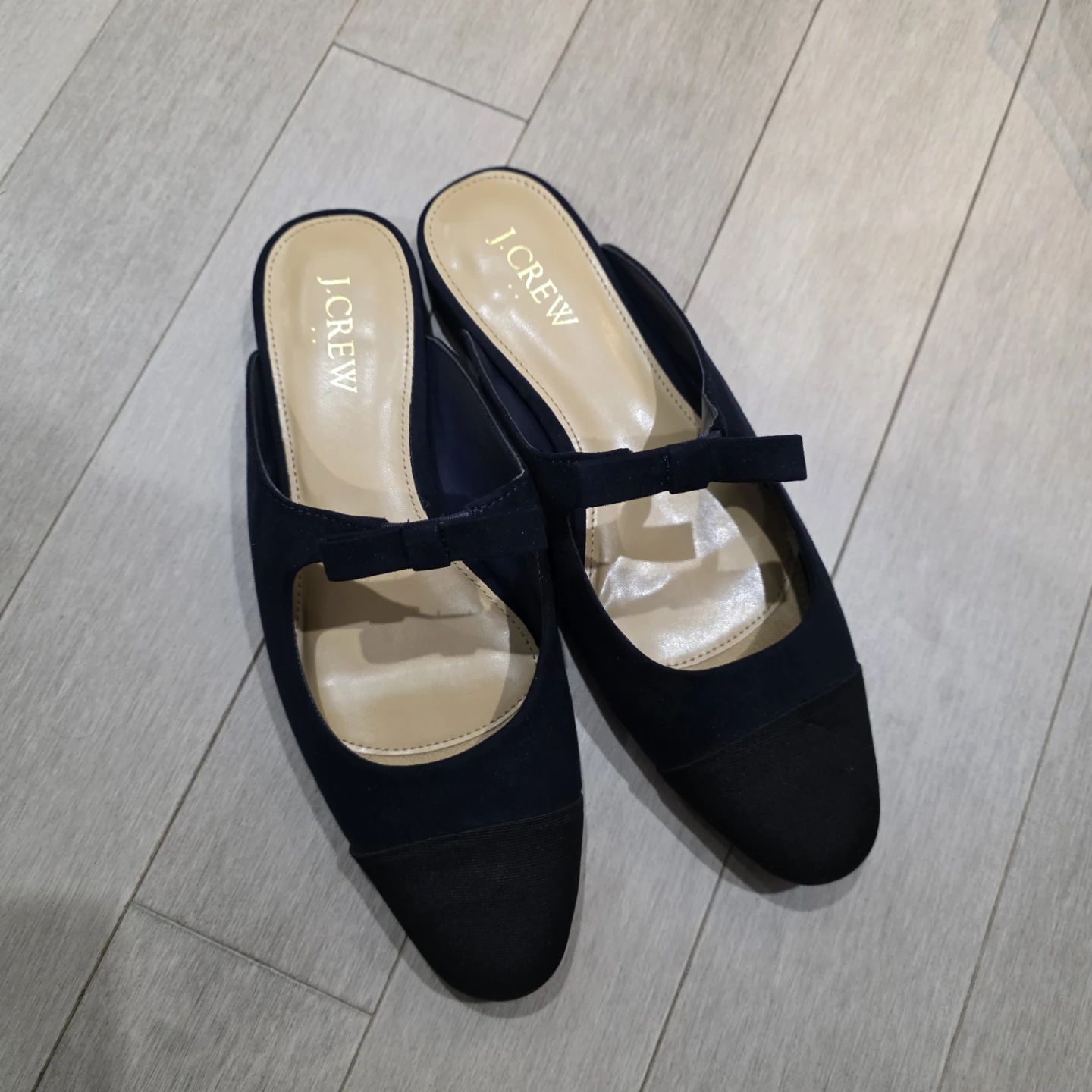 J. Crew Navy Suede Cap Toe Mules with Bow