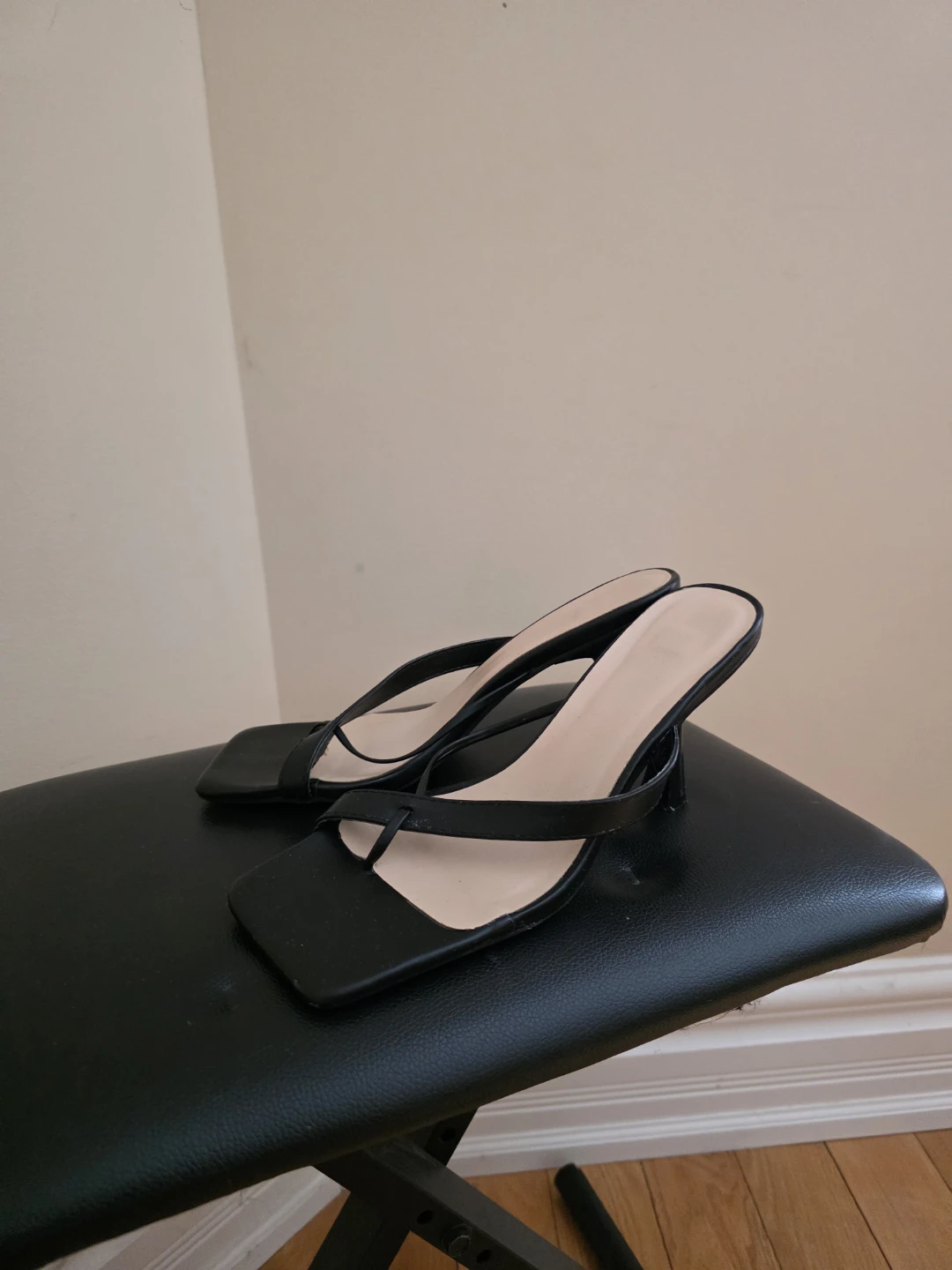 Black Square Toe Thong Sandals--2 1/4 inch heel