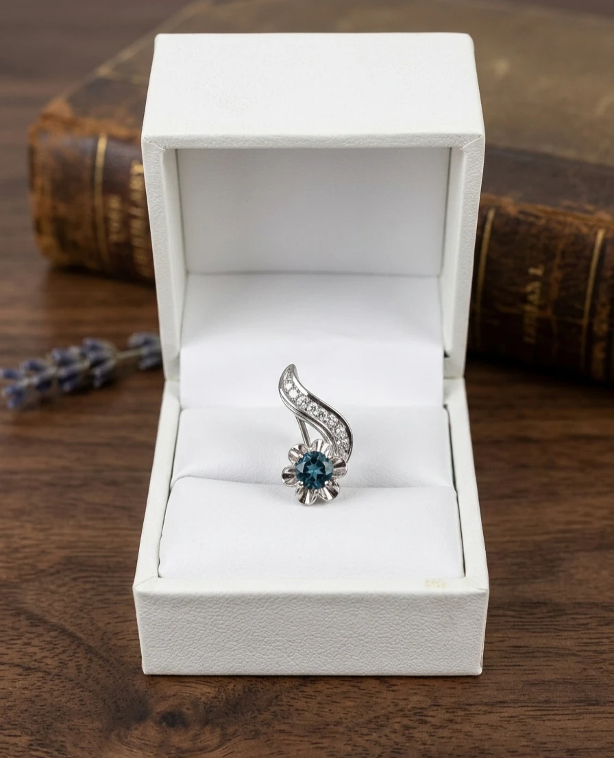 14K White Gold and real Diamonds and Blue Topaz Pendant